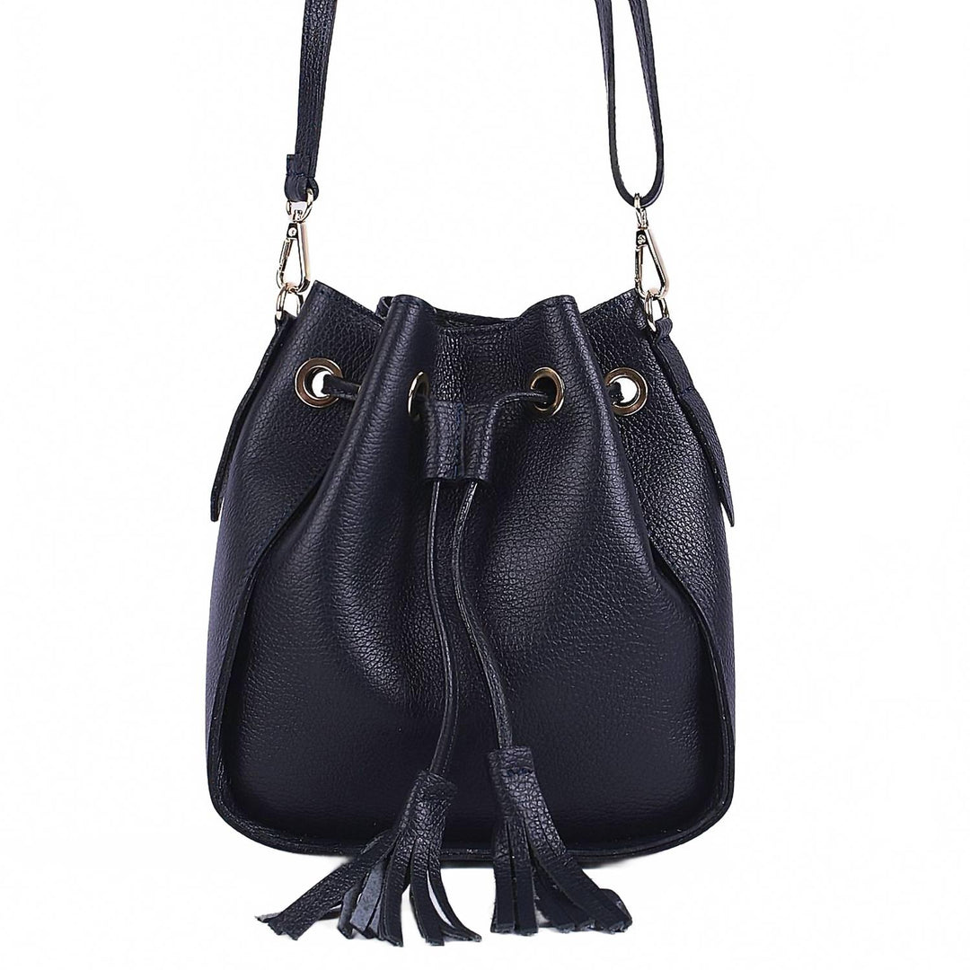 women's leather bucket bag with tassels in black