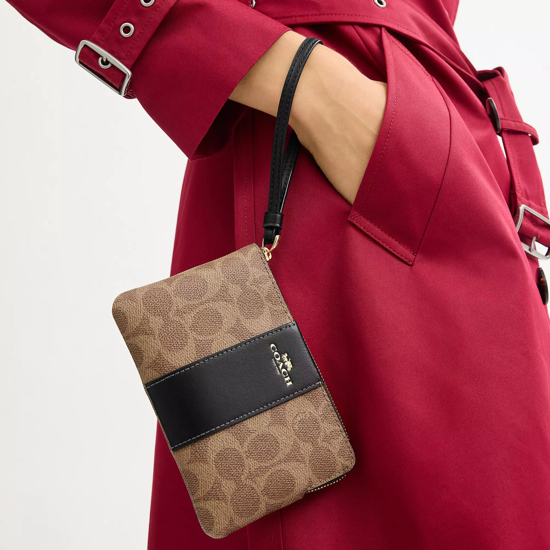 corner zip wristlet in signature canvas with stripe