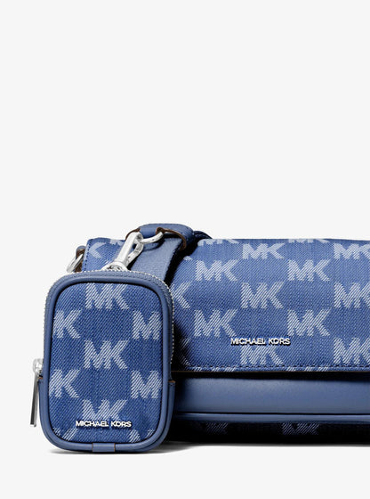 jet set travel small logo jacquard denim crossbody bag with pouch