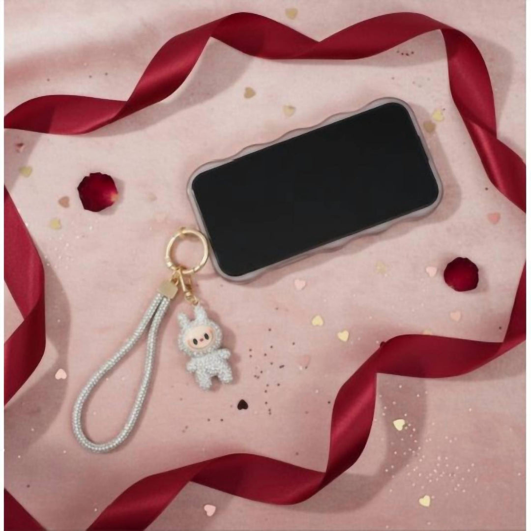 unisex labubu charm rhinestone phone wristlet strap in clear