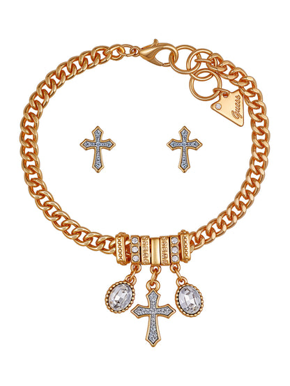 gold-tone cross stud earrings and bracelet box set
