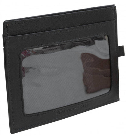 men's goat nappa leather card case wallet with id window in cognac/black