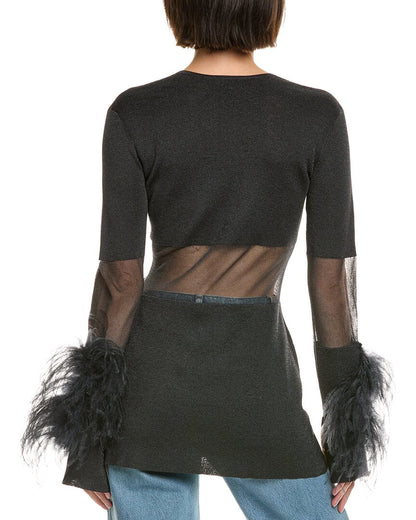 sheer intarsia ostrich-trim top