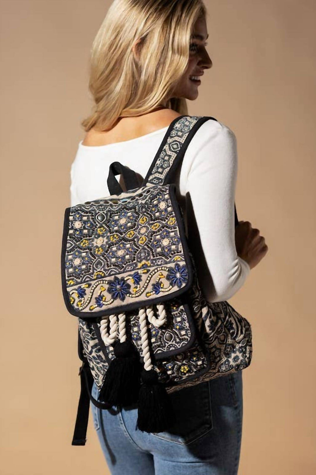 women's hand-beaded front pocket backpack in moon flower