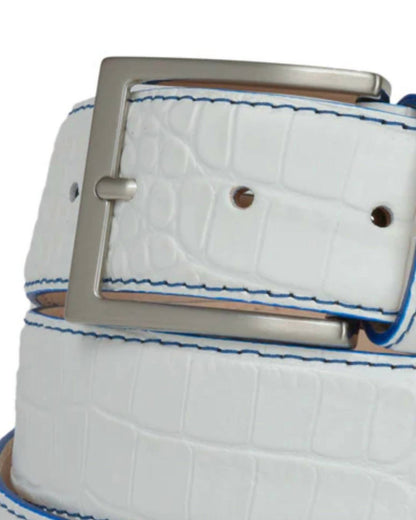 men's leather alligator embossed belt in white, blue