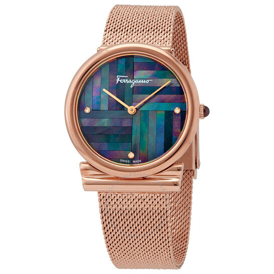 ساعة فيراغامو للسيدات بمينا من عرق اللؤلؤ الأسود