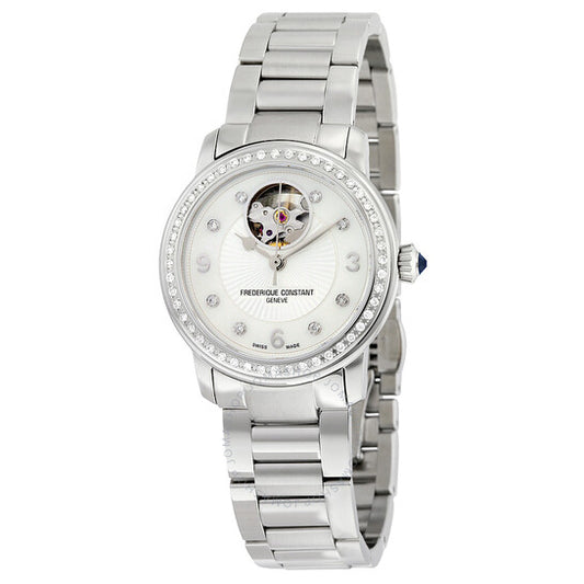 Frederique Constant, Frderique Constant Heart Beat Automatic Mother of Pearl Diamond Dial Stainless Steel Ladies Watch