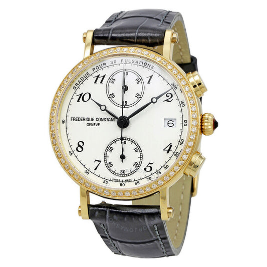 Frederique Constant, Classics Chronograph White Dial Diamond Black Leather Ladies Watch