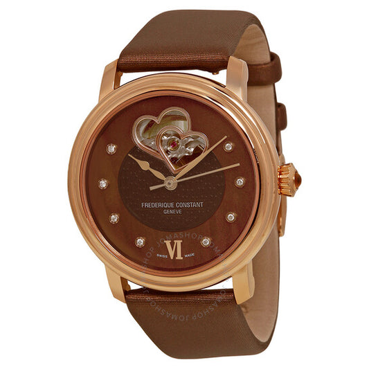 Frederique Constant, Double Heart Brown Mother of Pearl Dial Rose Gold-tone Ladies Watch