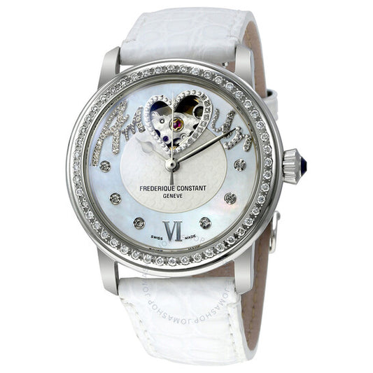 Frederique Constant, Heart Beat Automatic Mother of Pearl Dial White Leather Ladies Watch
