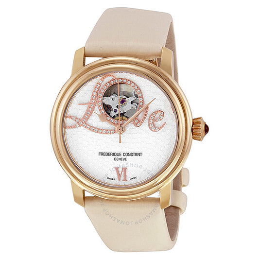 ساعة فريدريك كونستانت، هارت بيت أوتوماتيكية، مينا بيضاء مرصعة بالألماس، حزام أبيض للسيدات