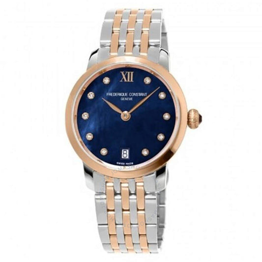 Frederique Constant, Slim Line Quartz Diamond Blue Mother of Pearl Dial Ladies Watch