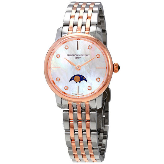 Frederique Constant, Slim Line Quartz Diamond White Mother of Pearl Dial Ladies Watch