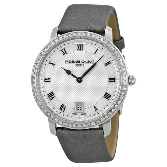 Frederique Constant, Slim Line Silver Guilloche Dial Grey Satin Ladies Watch