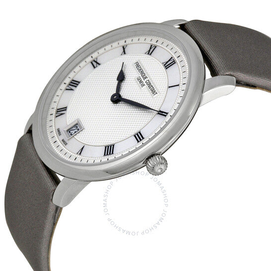 ساعة فريدريك كونستانت، رفيعة الخط، فضية اللون، بميناء جيلوشيه للسيدات