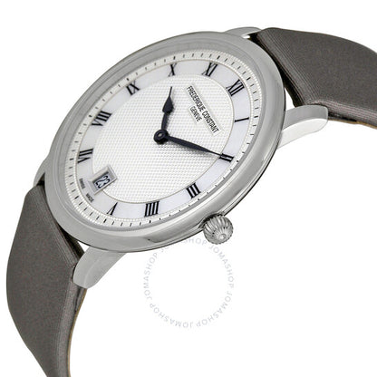 ساعة فريدريك كونستانت، رفيعة الخط، فضية اللون، بميناء جيلوشيه للسيدات