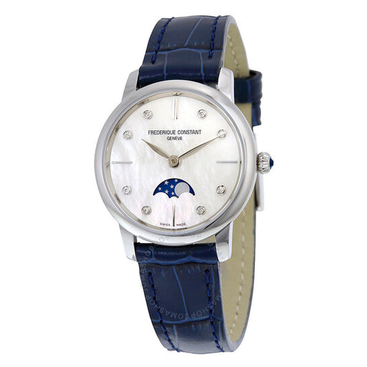Frederique Constant, Slimline Moonphase Mother of Pearl Dial Diamond Blue Leather Ladies Watch