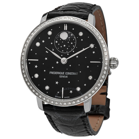 ساعة فريدريك كونستانت سليملاين مون فيز ستارز أوتوماتيكية للرجال بمينا أسود مرصعة بالألماس