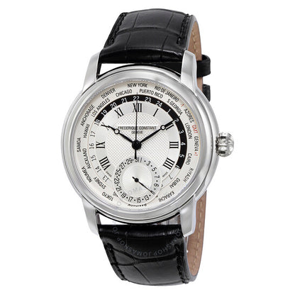 Frederique Constant, Worldtimer Silver Dial Black Leather Men's Watch