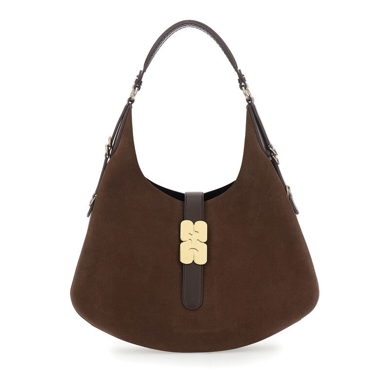 Kat Brown Large Shoulder Bag With Butterfly Plaque On The Front And Adjustable Shoulder Strap In Suede Woman