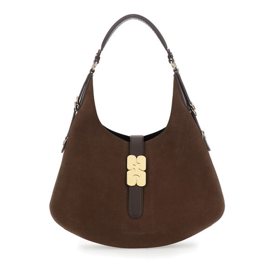 Kat Brown Large Shoulder Bag With Butterfly Plaque On The Front And Adjustable Shoulder Strap In Suede Woman