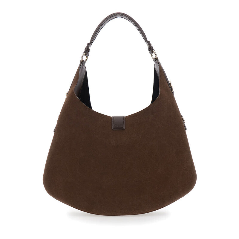 Kat Brown Large Shoulder Bag With Butterfly Plaque On The Front And Adjustable Shoulder Strap In Suede Woman