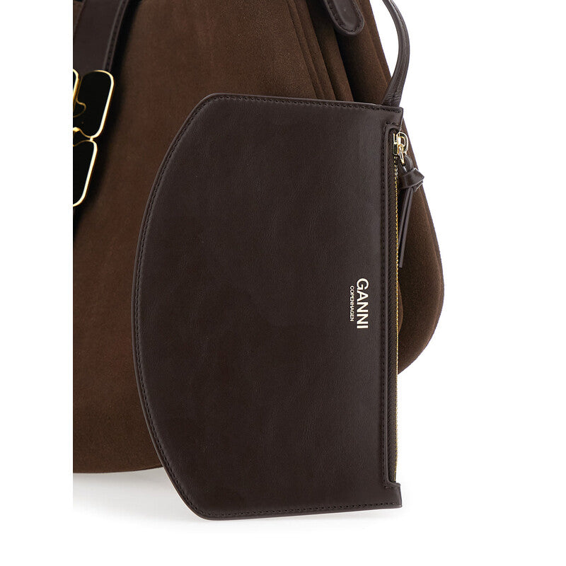 Kat Brown Large Shoulder Bag With Butterfly Plaque On The Front And Adjustable Shoulder Strap In Suede Woman
