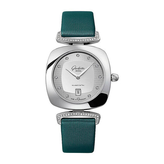 ساعة بافونينا كوارتز أصلية من جلاشوت، للنساء، بمينا فضية مرصعة بالألماس