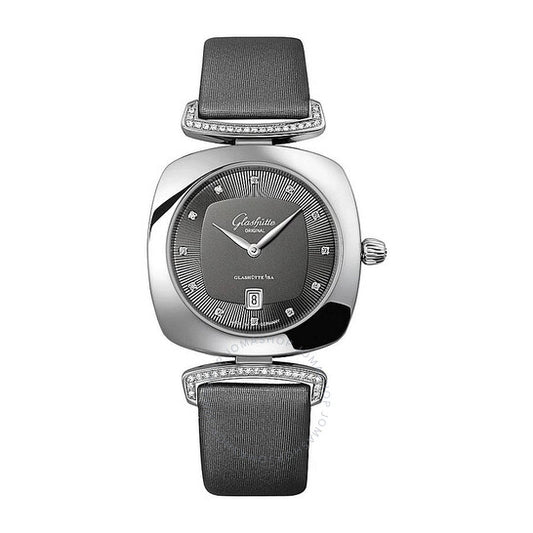 ساعة غلاشوت بافونينا الأصلية، مينا رمادية مرصعة بالماس والساتان للسيدات