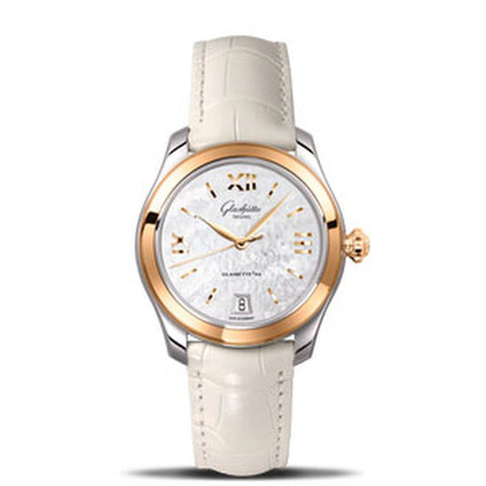 ساعة جلاسهوت الأصلية، جلاسهوت سيريناد، مينا فضية، نسائية، مصنوعة من الفولاذ والذهب الوردي عيار 18 قيراطًا، 39-22-09-06-44