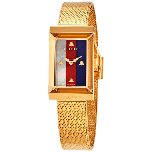ساعة Gucci G-Frame كوارتز بيضاء، حمراء، زرقاء، مينا عرق اللؤلؤ للسيدات