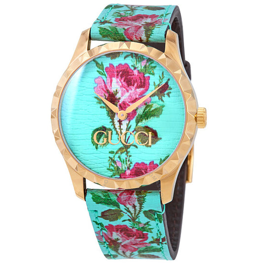 ساعة Gucci G-Timeless Aqua Floral Print النسائية المصنوعة من الجلد