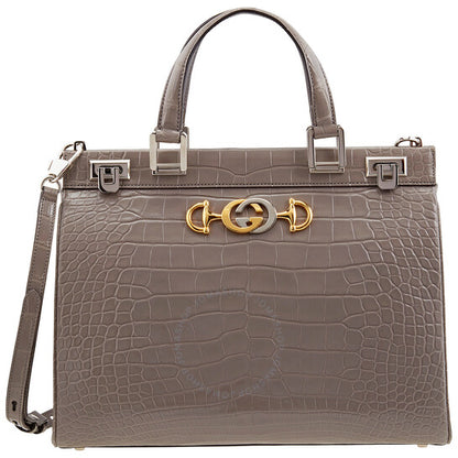 Gucci, Grey Zumi Medium Top Handle Bag In Crocodile Effect