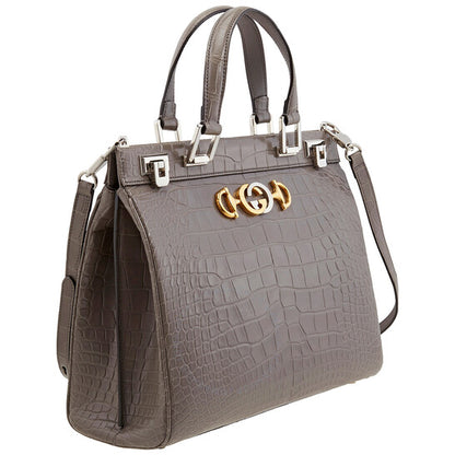 Gucci, Grey Zumi Medium Top Handle Bag In Crocodile Effect