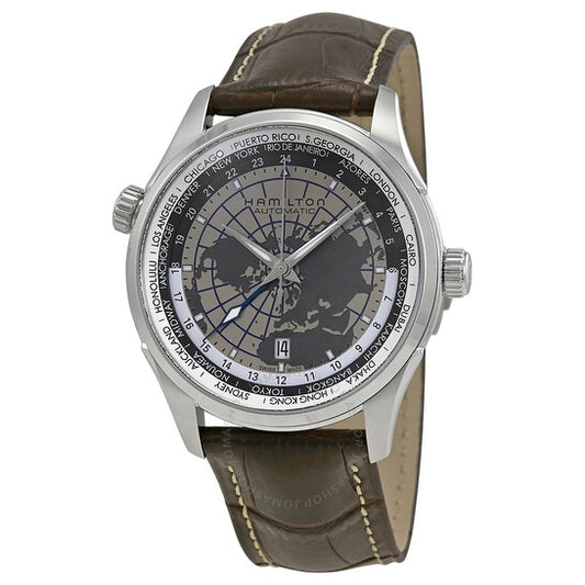 ساعة هاميلتون، جازماستر جي إم تي للرجال، مزودة بميناء خريطة العالم من الجلد