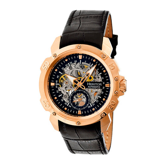 Heritor, Carter Rose Gold-tone Stainless Steel Case Black Skeleton Dial Black Leather Men's Watch