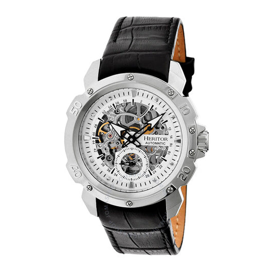 Heritor, Carter Silver Skeleton Dial Black Leather Men's Watch