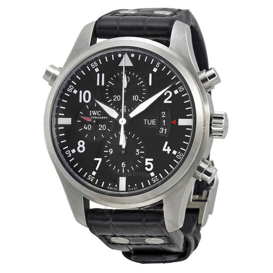 ساعة IWC للرجال، كرونوغراف مزدوج، مينا سوداء، جلد أسود