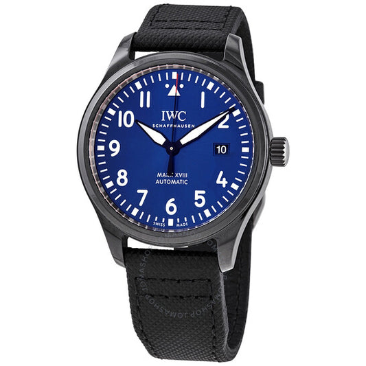 ساعة IWC Pilot Mark XVIII Laureus أوتوماتيكية للرجال بمينا أزرق