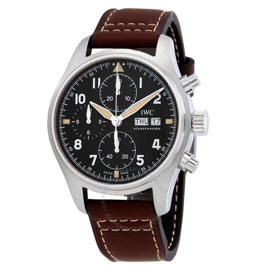 ساعة IWC Pilot Spitfire Chronograph أوتوماتيكية للرجال بمينا أسود