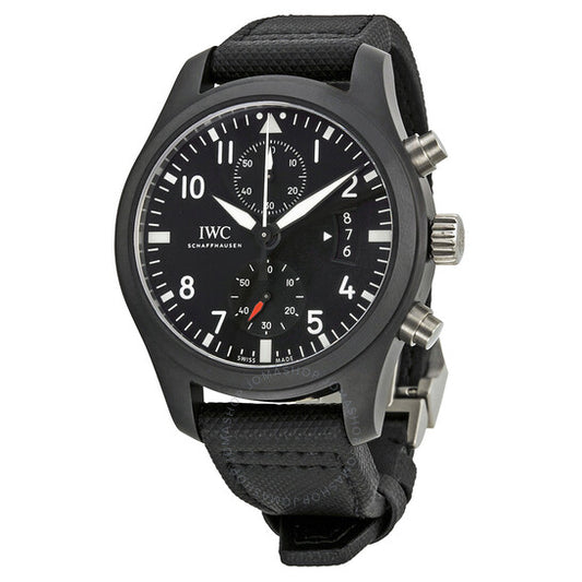 ساعة IWC Pilot Top Gun كرونوغراف للرجال بمينا أسود ونسيج أسود