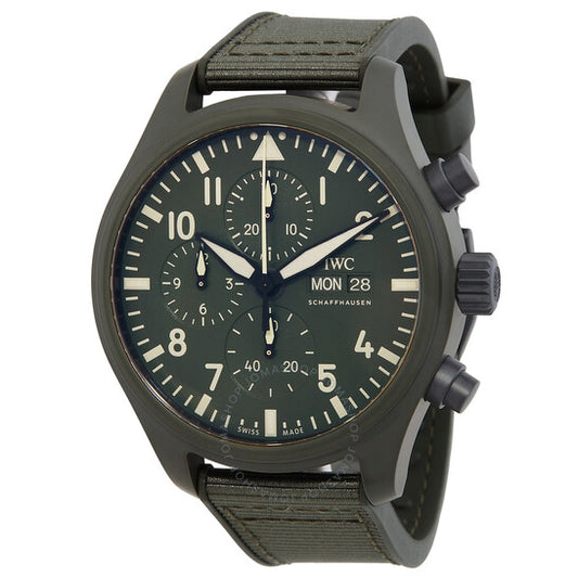 ساعة IWC Pilot Top Gun Woodland Chronograph أوتوماتيكية للرجال بمينا أخضر
