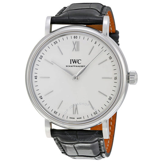 ساعة IWC Portofino للرجال بمينا فضي واحتياطي طاقة لمدة 8 أيام من الجلد الأسود 5111-02