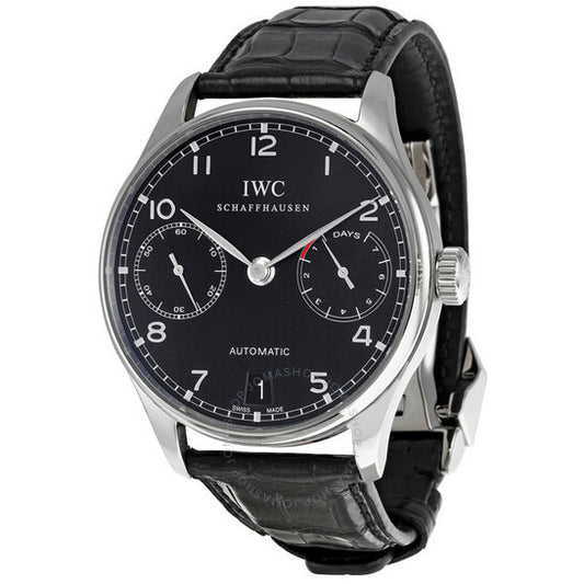 ساعة IWC البرتغالية الأوتوماتيكية للرجال بمينا أسود وجلد أسود