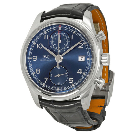 ساعة IWC كرونوغراف برتغالية كلاسيكية من لوريوس للرجال بمينا أزرق وجلد أسود IW3904-06