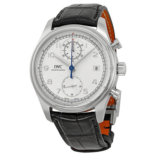 ساعة IWC البرتغالية الكلاسيكية الأوتوماتيكية كرونوغراف للرجال بمينا فضية وحزام جلدي أسود