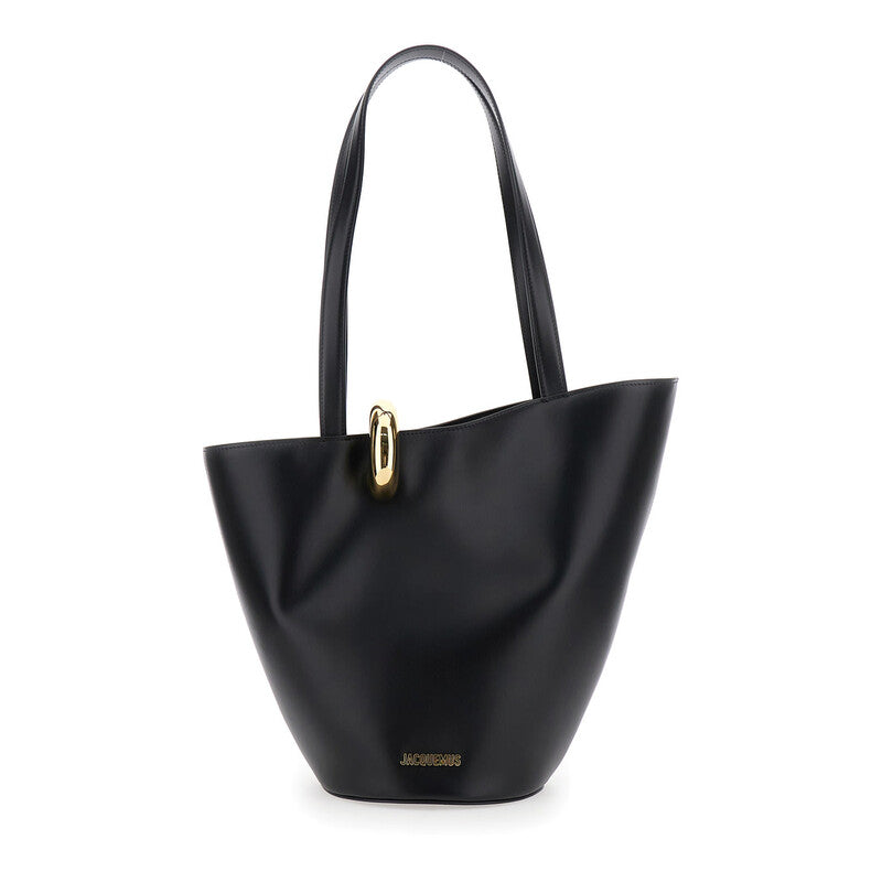 le Bambola Moyen Black Shoulder Bag With Front Metal Ring Closure And Embossed Logo Lettering On The Front In Leather