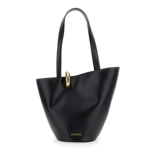 le Bambola Moyen Black Shoulder Bag With Front Metal Ring Closure And Embossed Logo Lettering On The Front In Leather