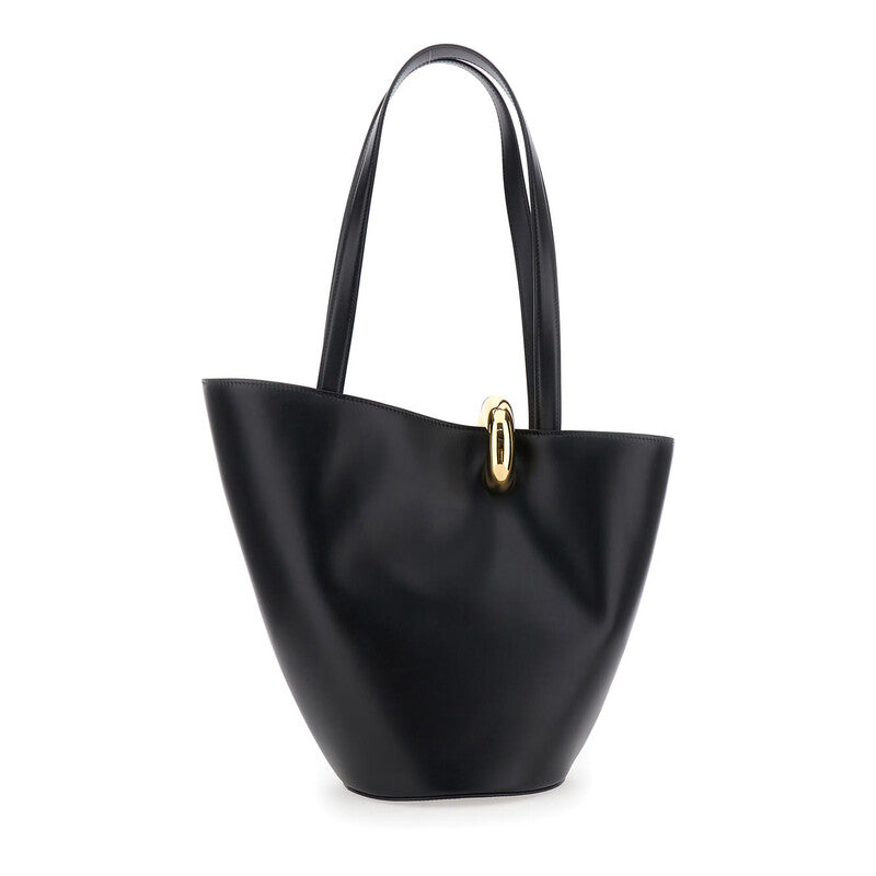 le Bambola Moyen Black Shoulder Bag With Front Metal Ring Closure And Embossed Logo Lettering On The Front In Leather