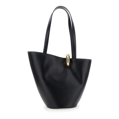 le Bambola Moyen Black Shoulder Bag With Front Metal Ring Closure And Embossed Logo Lettering On The Front In Leather